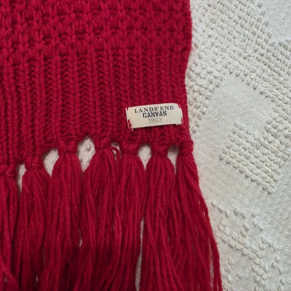 Lands End Fringed Red Knit Crochet Style Scarf Long 92